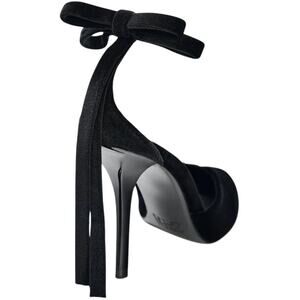 ZARA Black Velvet Look Bow High Heels Ankle Strap Pointed Stiletto Pumps 9 EUC
